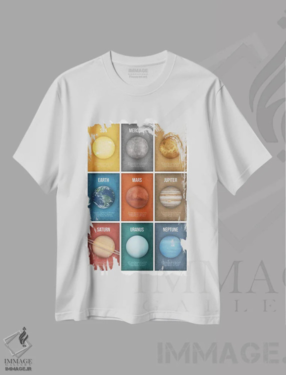 تیشرت سفید طرح دار کلاژ مجموعه سیارات ۱، دکور معاصر اثر گت یور نرد آن | فروشگاه ایماژ
