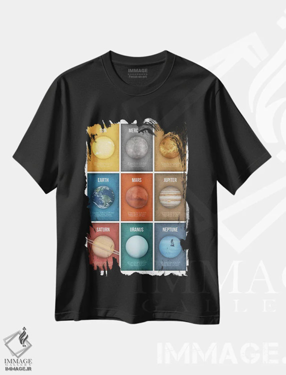 تیشرت مشکی طرح دار کلاژ مجموعه سیارات ۱، دکور معاصر اثر گت یور نرد آن | immage.ir