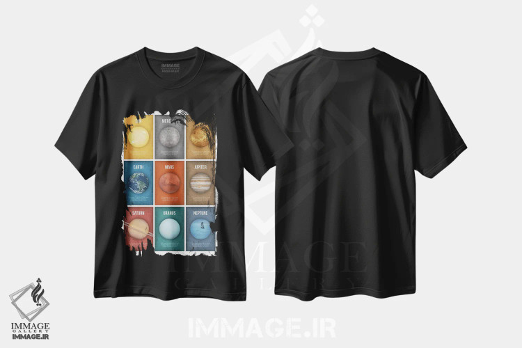 تیشرت مشکی طرح دار کلاژ مجموعه سیارات ۱، دکور معاصر اثر گت یور نرد آن | immage.ir