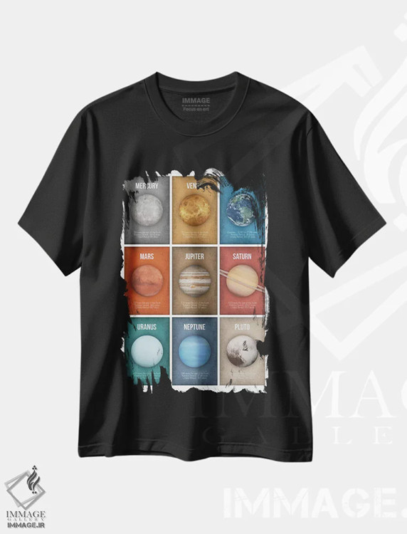 تیشرت مشکی طرح دار کلاژ مجموعه سیارات ۲، دکور معاصر اثر گت یور نرد آن | فروشگاه ایماژ