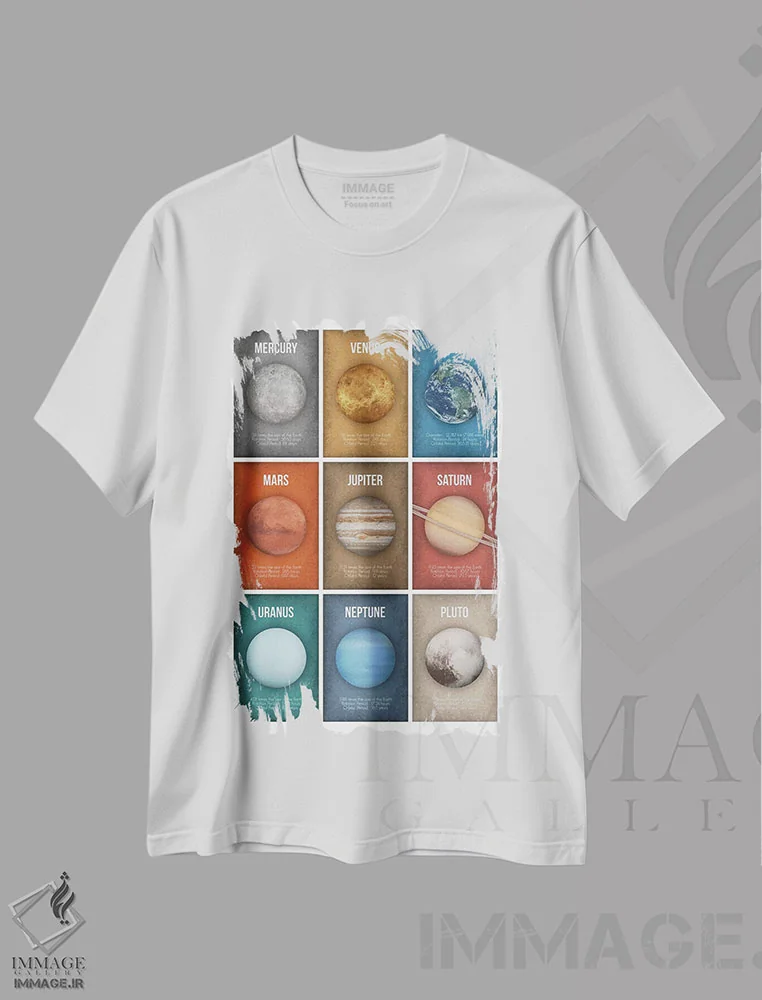 تیشرت سفید طرح دار کلاژ مجموعه سیارات ۲، دکور معاصر اثر گت یور نرد آن | immage.ir