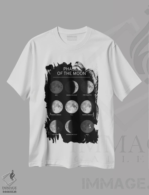 تیشرت سفید طرح دار نمودار فازهای ماه، هنر تزئینی سیاه و سفید اثر گت یور نرد آن | immage.ir