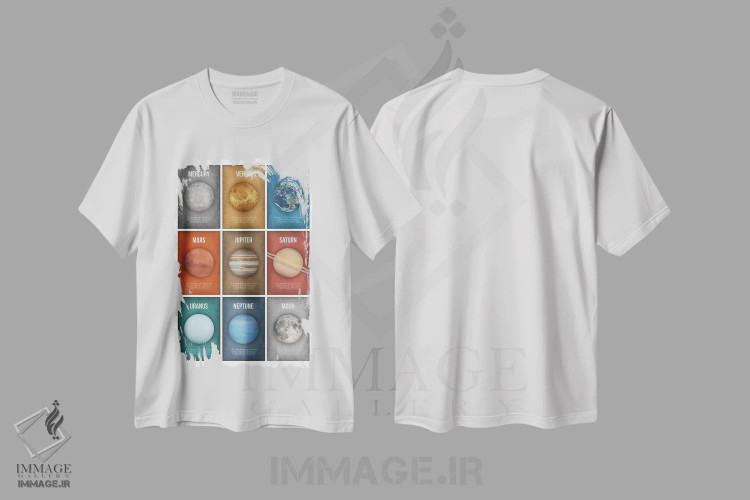 تیشرت سفید طرح دار کلاژ مجموعه سیارات ۳، دکور معاصر اثر گت یور نرد آن | فروشگاه ایماژ