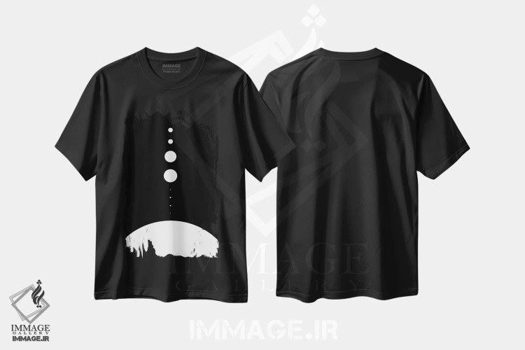 تیشرت مشکی طرح دار سیارات به نسبت ابعاد واقعی ۱، هنر تزئینی سیاه و سفید اثر گت یور نرد آن | فروشگاه ایماژ