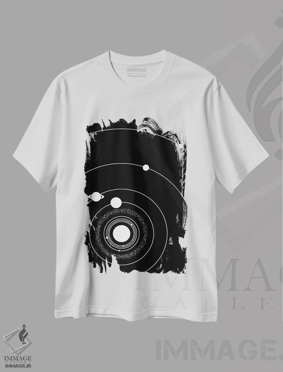 تیشرت سفید طرح دار منظومه شمسی مینیمال ۱، هنر تزئینی سیاه و سفید اثر گت یور نرد آن | immage.ir