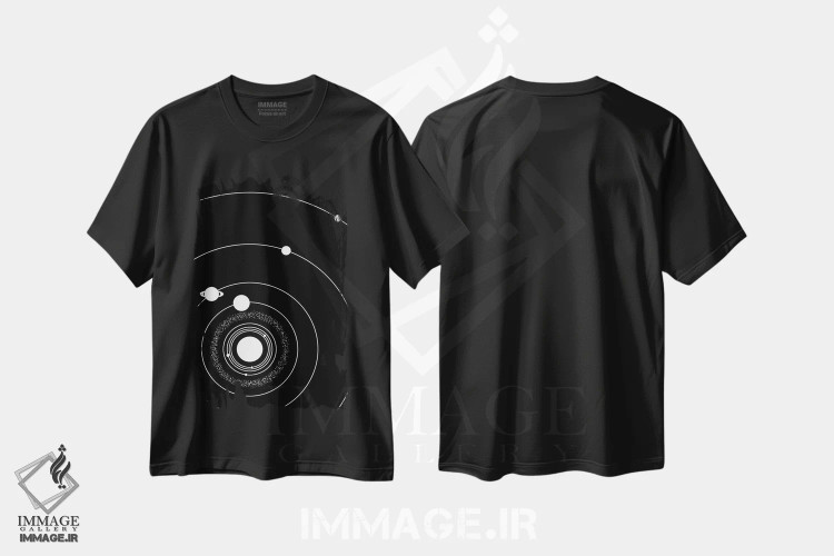 تیشرت مشکی طرح دار منظومه شمسی مینیمال ۱، هنر تزئینی سیاه و سفید اثر گت یور نرد آن | فروشگاه ایماژ