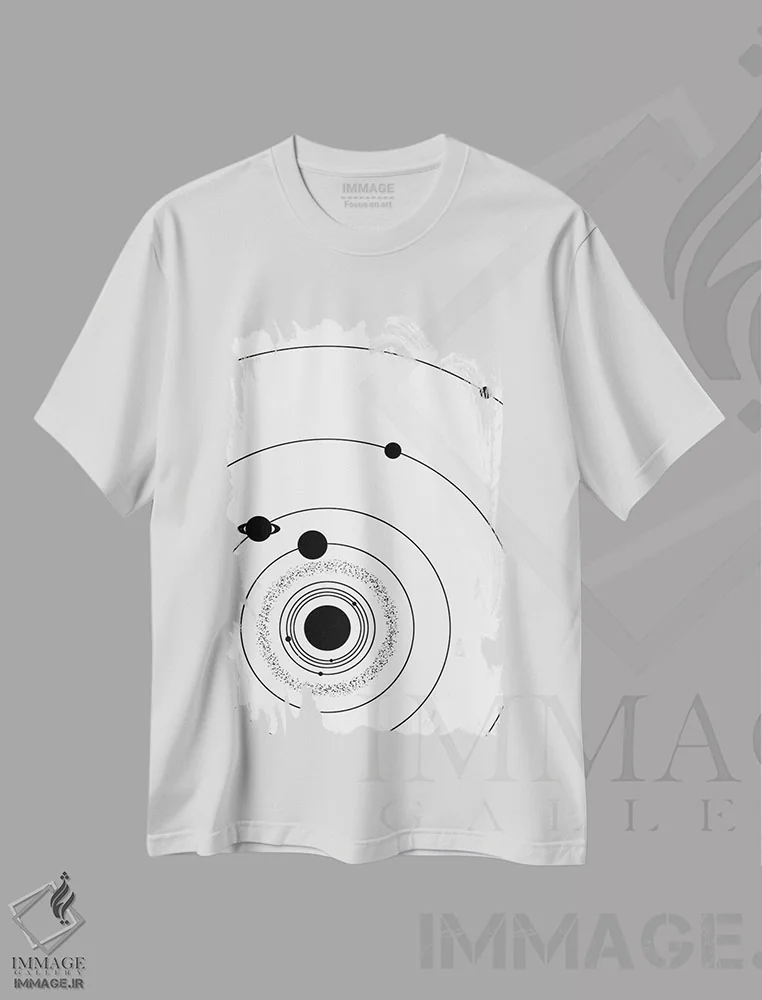 تیشرت سفید طرح دار منظومه شمسی مینیمال ۲، هنر تزئینی سیاه و سفید اثر گت یور نرد آن | فروشگاه ایماژ