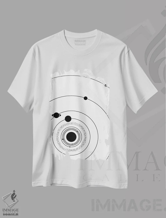 تیشرت سفید طرح دار منظومه شمسی مینیمال ۲، هنر تزئینی سیاه و سفید اثر گت یور نرد آن | فروشگاه ایماژ
