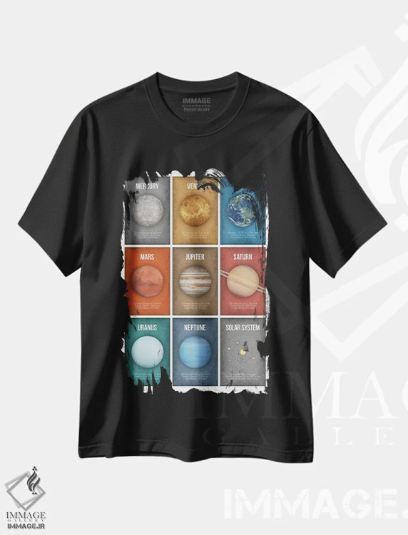 تیشرت مشکی طرح دار کلاژ مجموعه سیارات ۴، دکور معاصر اثر گت یور نرد آن | فروشگاه ایماژ