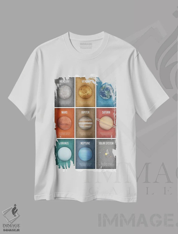تیشرت سفید طرح دار کلاژ مجموعه سیارات ۴، دکور معاصر اثر گت یور نرد آن | immage.ir