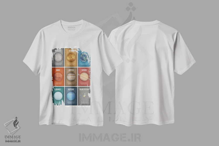 تیشرت سفید طرح دار کلاژ مجموعه سیارات ۴، دکور معاصر اثر گت یور نرد آن | immage.ir