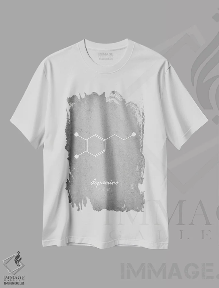 تیشرت سفید طرح دار مولکول دوپامین، هنر دیجیتال اثر گت یور نرد آن | فروشگاه ایماژ