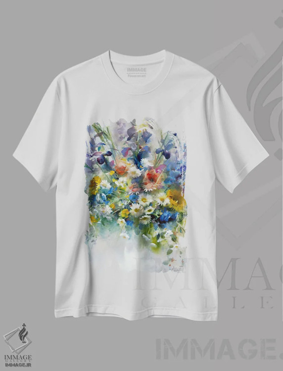 تیشرت سفید طرح دار برداشت گلگون، تزئینی اثر ویلم هنراتس | فروشگاه ایماژ