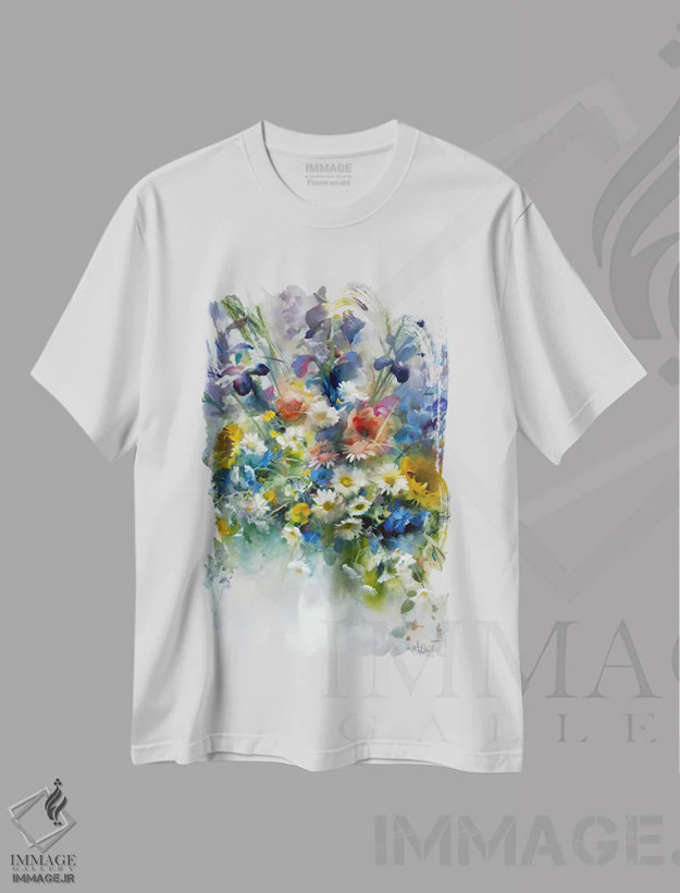 تیشرت سفید طرح دار برداشت گلگون، تزئینی اثر ویلم هنراتس | فروشگاه ایماژ