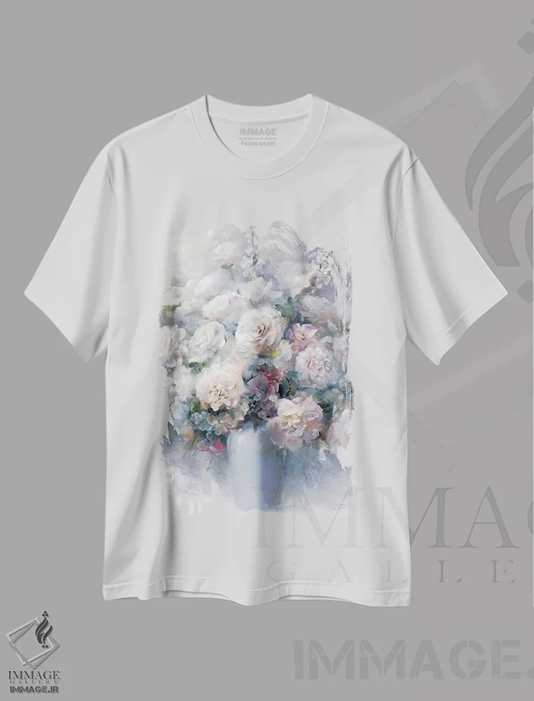 تیشرت سفید طرح دار دسته گل سفید، تزئینی اثر ویلم هنراتس | فروشگاه ایماژ