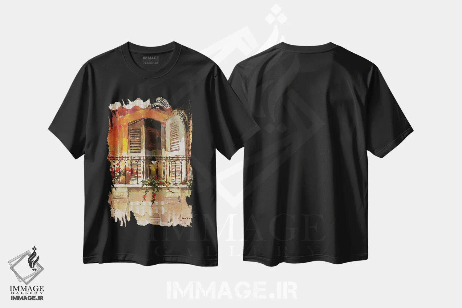 تیشرت مشکی طرح دار بالکن ۱، تزئینی اثر ویلم هنراتس | فروشگاه ایماژ