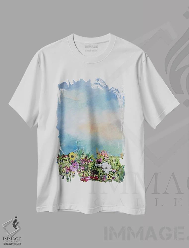 تیشرت سفید طرح دار چمنزار با گل های شکوفا ۱، دکور معاصر اثر هانک پره بوم | immage.ir