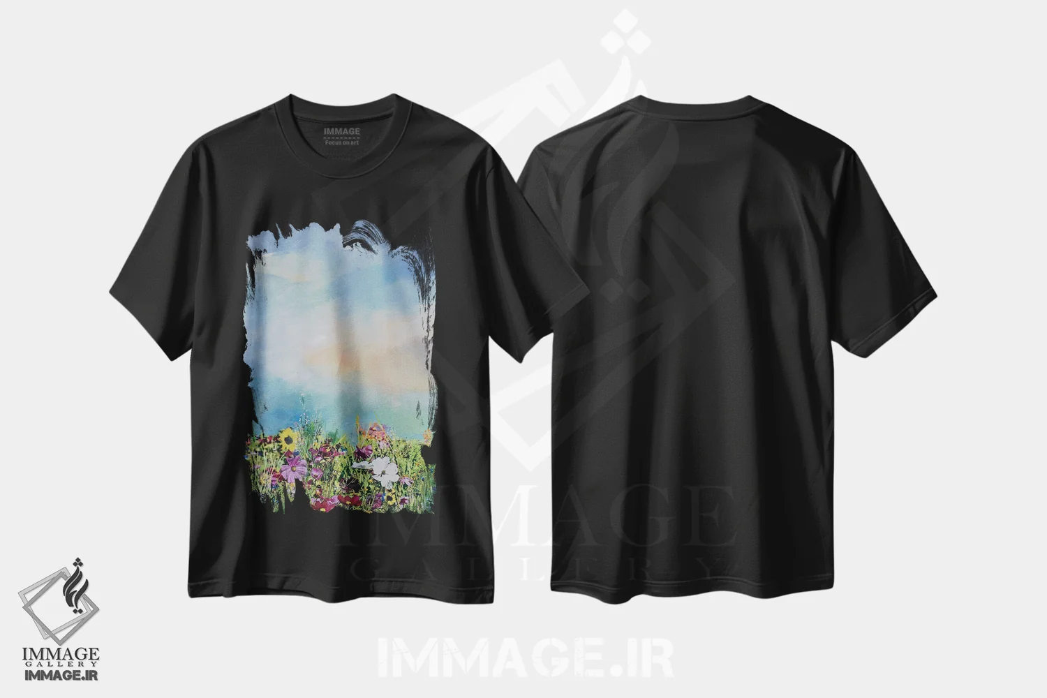 تیشرت مشکی طرح دار چمنزار با گل های شکوفا ۱، دکور معاصر اثر هانک پره بوم | فروشگاه ایماژ