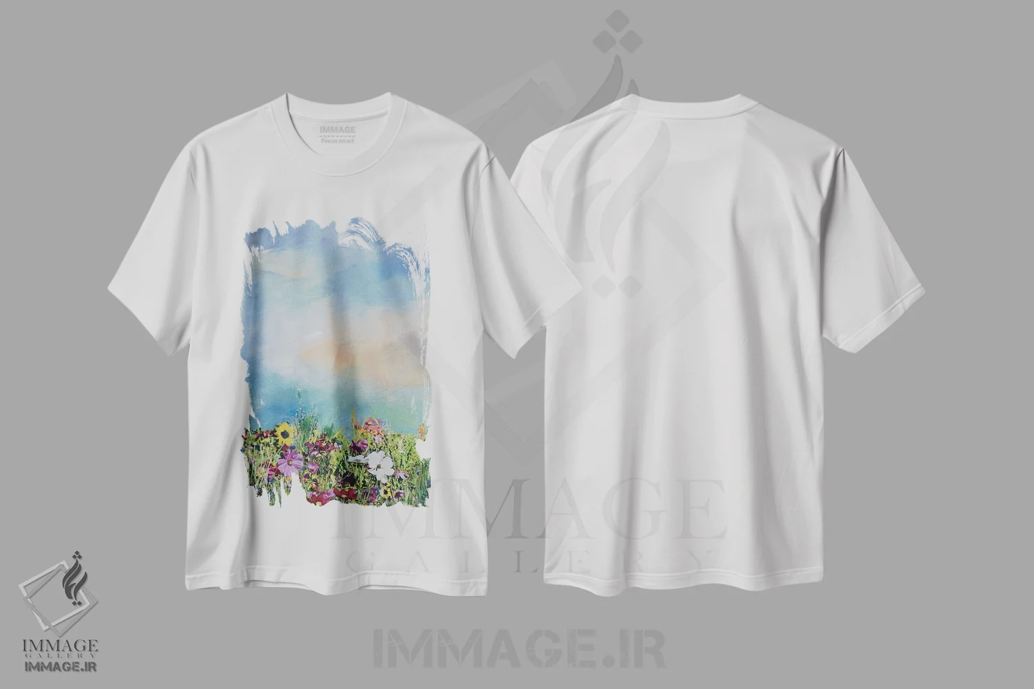 تیشرت سفید طرح دار چمنزار با گل های شکوفا ۱، دکور معاصر اثر هانک پره بوم | immage.ir