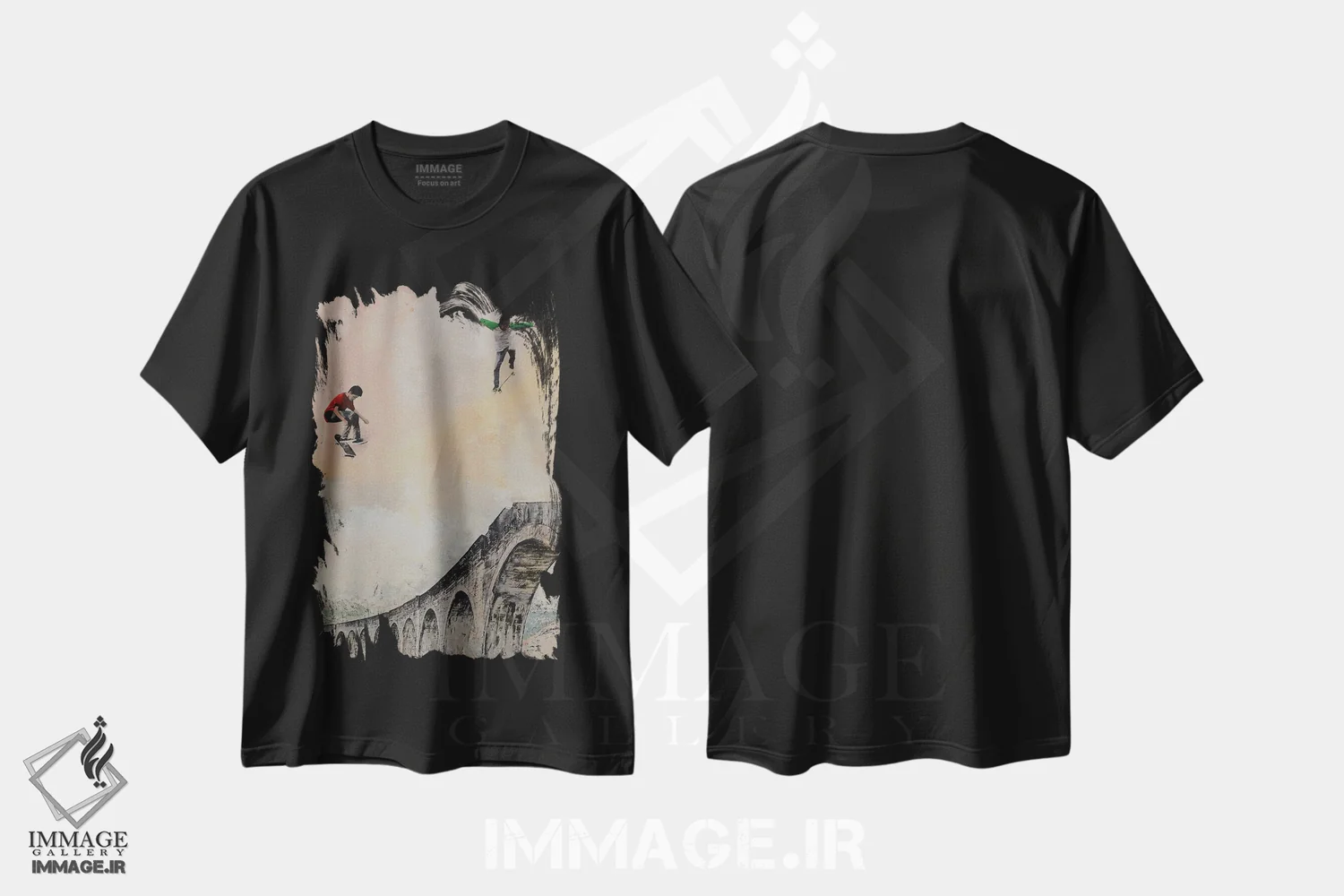 تیشرت مشکی طرح دار اسکیت بازان آزاد، هنر فاخر معاصر اثر هانک پره بوم | فروشگاه ایماژ