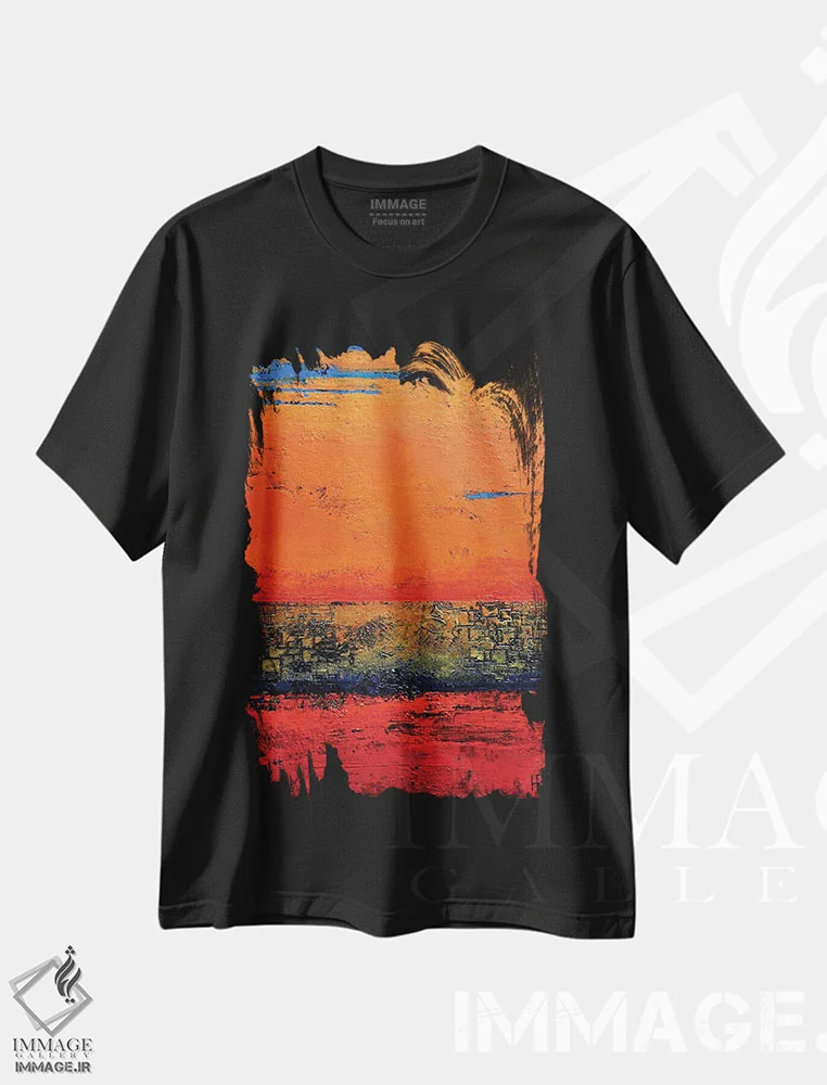 تیشرت مشکی طرح دار قرمز، نارنجی و آبی اثر هانک پره بوم | immage.ir