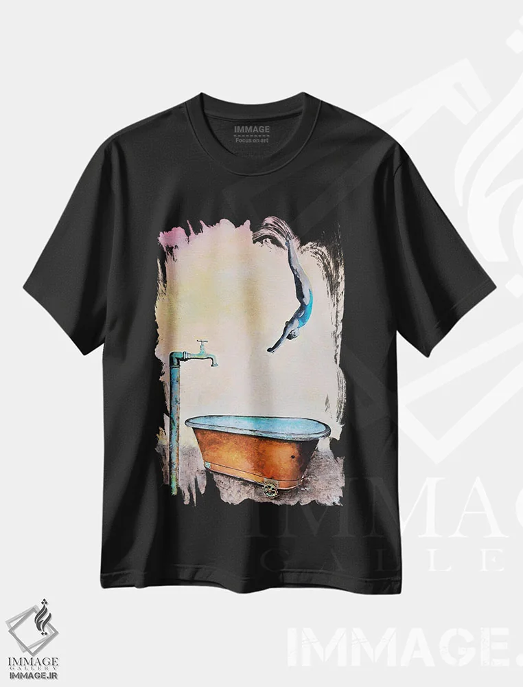 تیشرت مشکی طرح دار او در وان حمامش شیرجه می زند ۴، هنر فاخر معاصر اثر هانک پره بوم | فروشگاه ایماژ