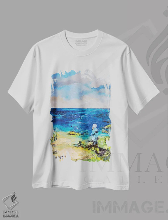 تیشرت سفید طرح دار دختر در ساحل، دکور ساحلی اثر هانک پره بوم | فروشگاه ایماژ