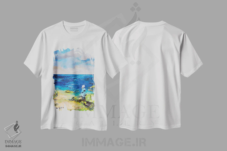 تیشرت سفید طرح دار دختر در ساحل، دکور ساحلی اثر هانک پره بوم | فروشگاه ایماژ