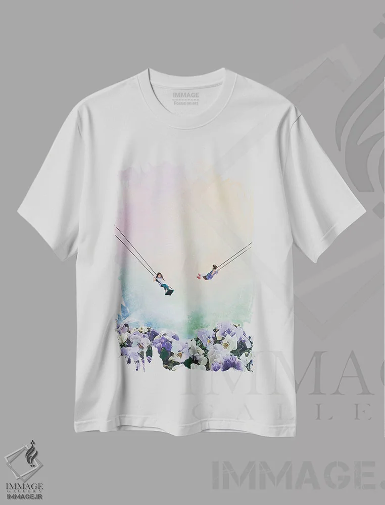 تیشرت سفید طرح دار دختران در حال تاب خوردن ۱، دکور معاصر اثر هانک پره بوم | فروشگاه ایماژ