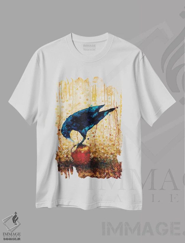 تیشرت سفید طرح دار کلاغ و سیب، تزئینی اثر هایدی بارنت | فروشگاه ایماژ
