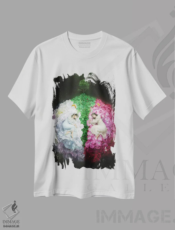 تیشرت سفید طرح دار جوانه زنی گل ها، هنر فاخر معاصر اثر تاکاهیرو هیربایاشی | immage.ir