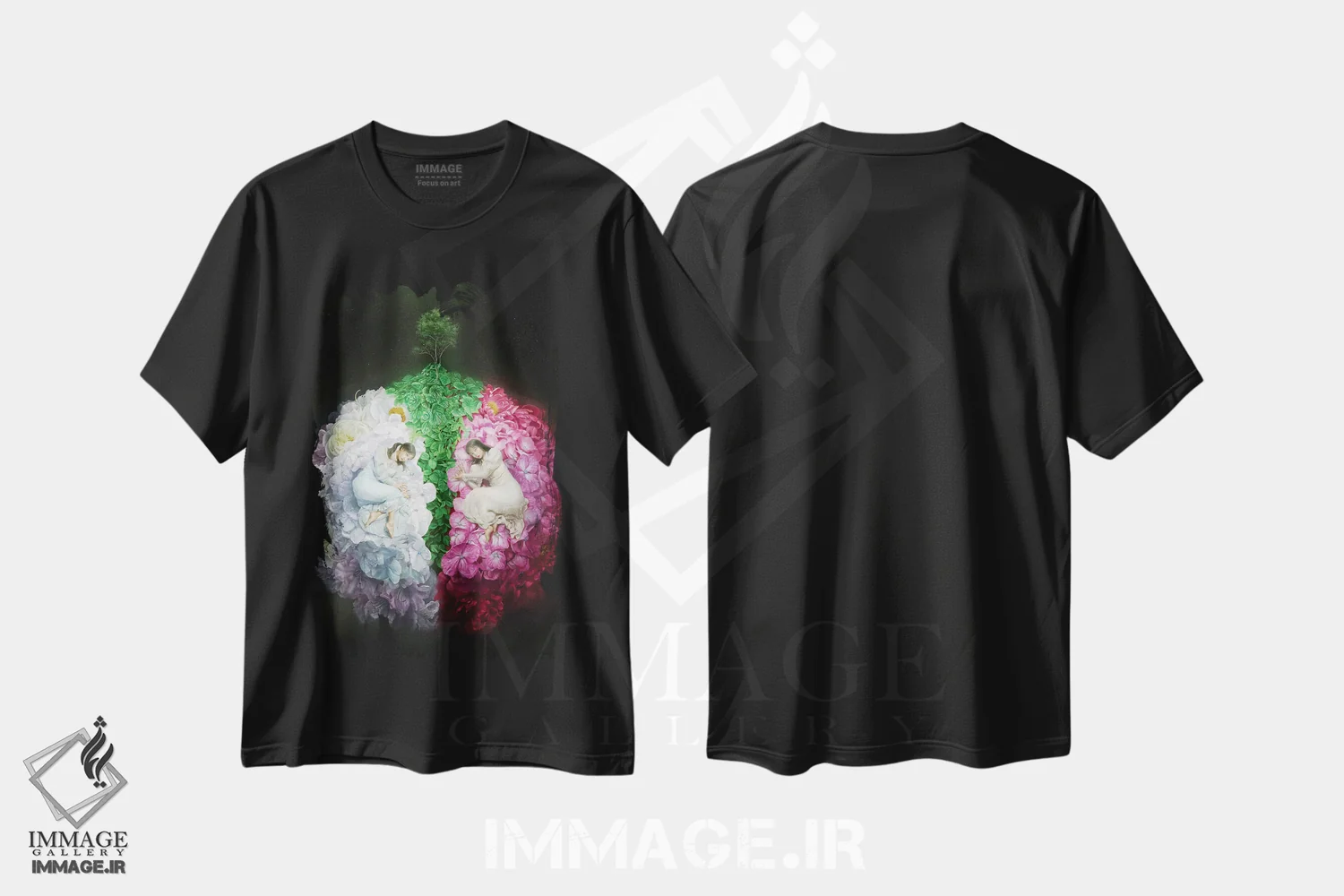 تیشرت مشکی طرح دار جوانه زنی گل ها، هنر فاخر معاصر اثر تاکاهیرو هیربایاشی | فروشگاه ایماژ