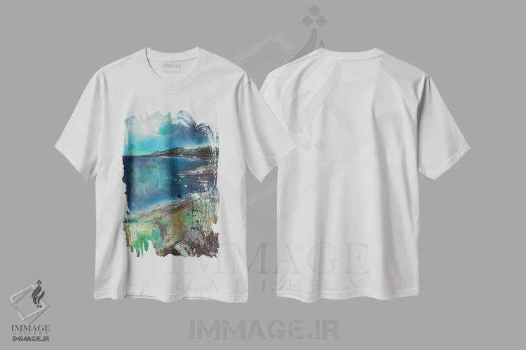 تیشرت سفید طرح دار ساحل صخره ای، آبستره اثر هایدی کلاوسون | فروشگاه ایماژ