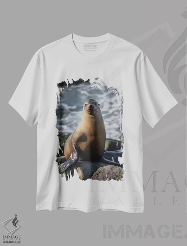 تیشرت سفید طرح دار نمای کامل شیر دریایی نشسته بر صخره، مدیوم اثر شیلا حداد | فروشگاه ایماژ