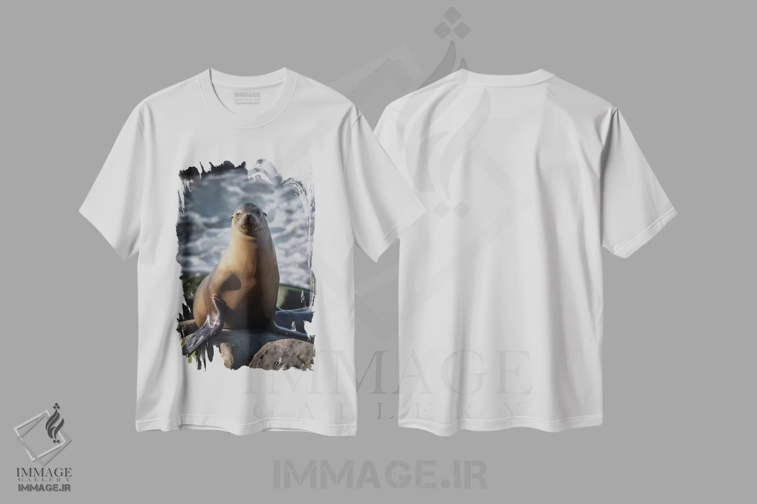 تیشرت سفید طرح دار نمای کامل شیر دریایی نشسته بر صخره، مدیوم اثر شیلا حداد | فروشگاه ایماژ