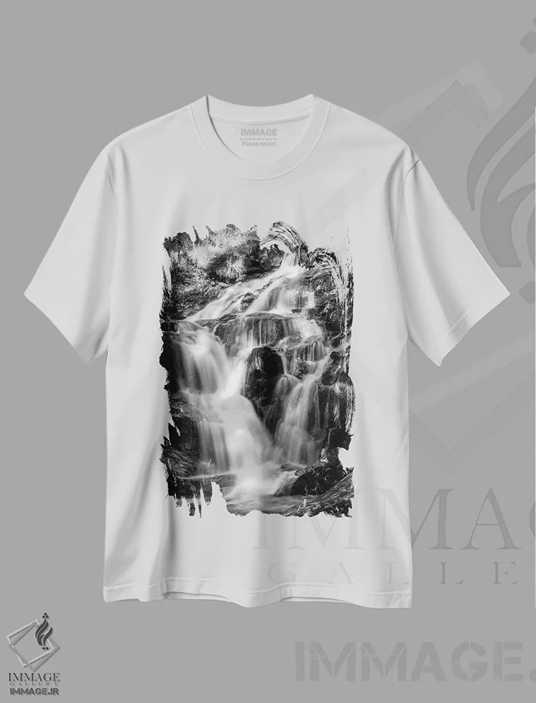 تیشرت سفید طرح دار آبشار آرمدیل، عکاسی سیاه و سفید اثر استیفن هاجتس | فروشگاه ایماژ