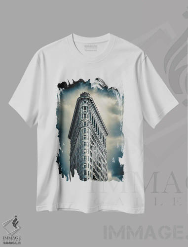 تیشرت سفید طرح دار ساختمان فلت آیرون دو رنگ ۲ نیویورک، مدیوم اثر استیفن هاجتس | فروشگاه ایماژ