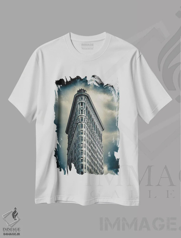 تیشرت سفید طرح دار ساختمان فلت آیرون دو رنگ ۲ نیویورک، مدیوم اثر استیفن هاجتس | فروشگاه ایماژ