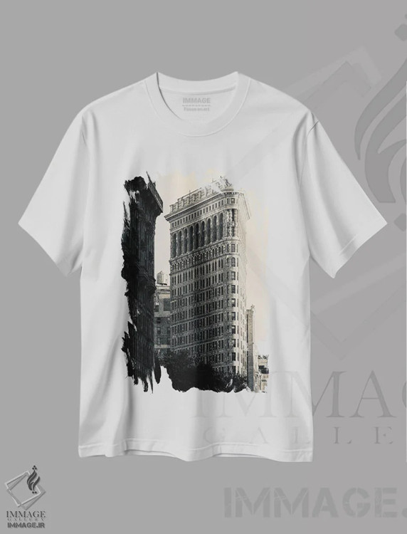 تیشرت سفید طرح دار ساختمان فلت آیرون خیابان پنجم نیویورک، مدیوم اثر استیفن هاجتس | فروشگاه ایماژ