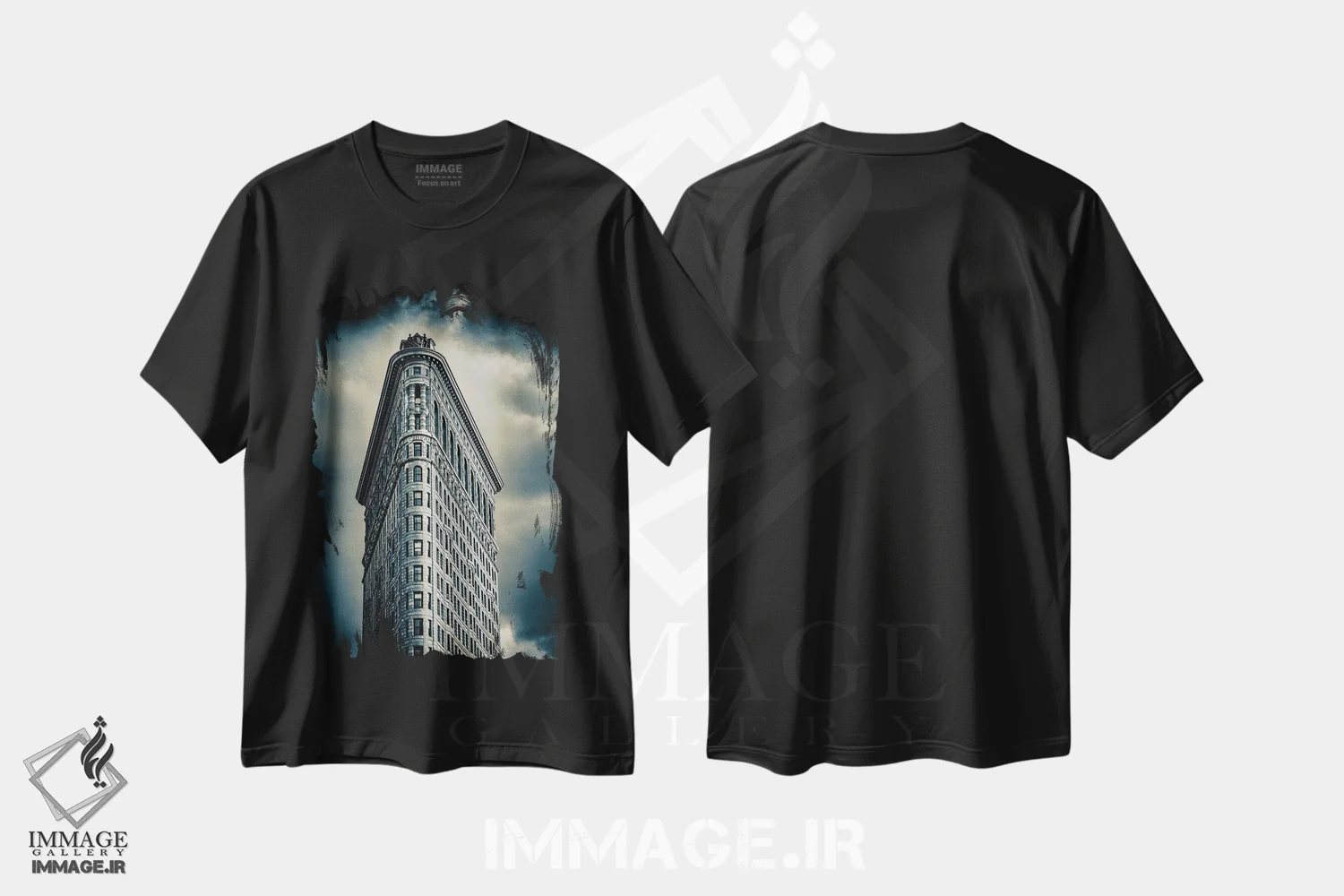 تیشرت مشکی طرح دار ساختمان فلت آیرون دو رنگ ۲ نیویورک، مدیوم اثر استیفن هاجتس | immage.ir