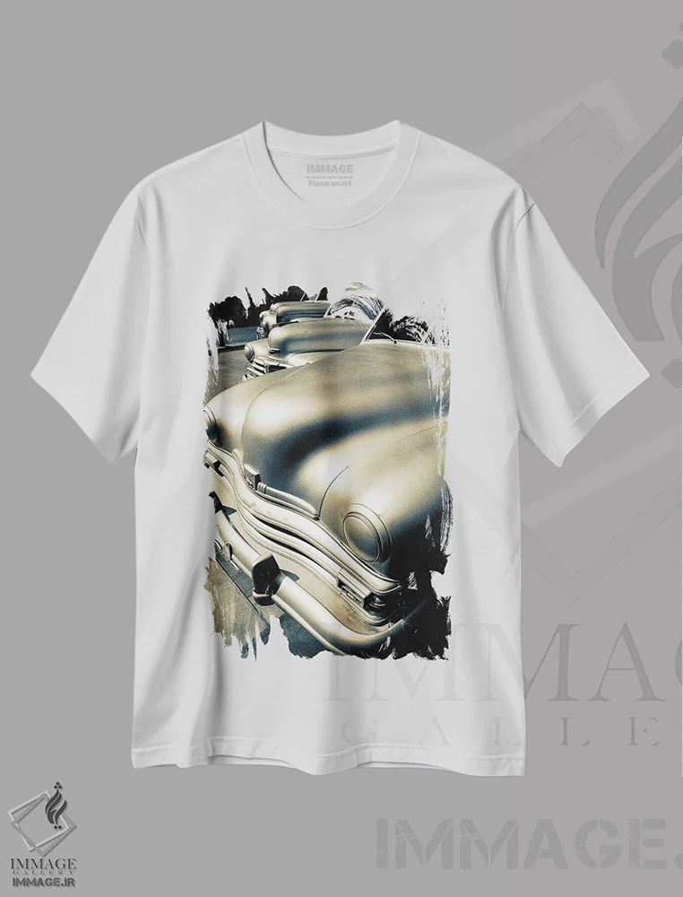 تیشرت سفید طرح دار ماشین های نقره ای دهه ۵۰ نیویورک، عکاسی ماکرو اثر استیفن هاجتس | immage.ir
