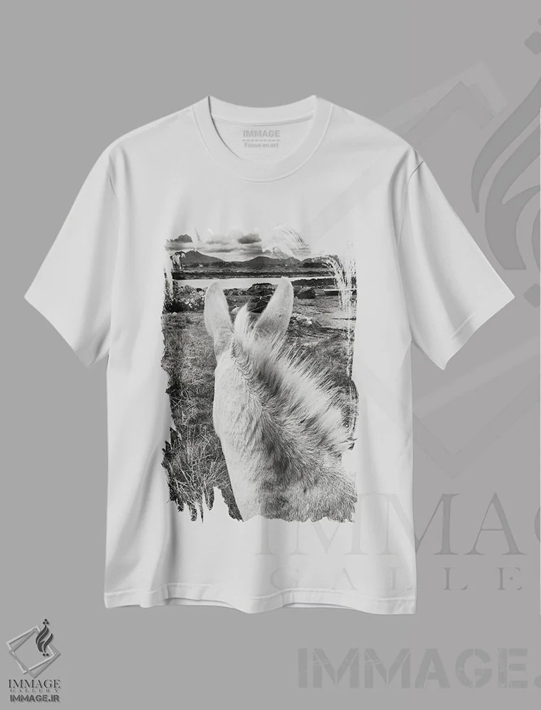 تیشرت سفید طرح دار الاغ ایرلندی، عکاسی سیاه و سفید اثر استیفن هاجتس | فروشگاه ایماژ