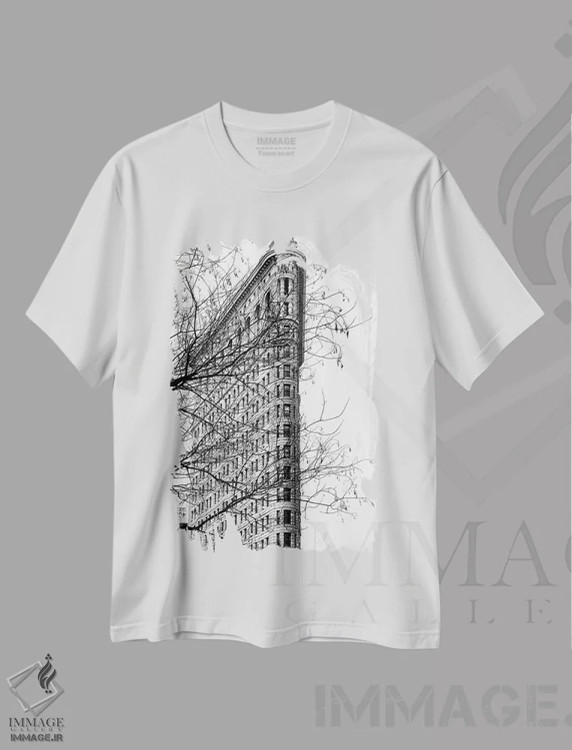 تیشرت سفید طرح دار ساختمان فلت آیرون در میان درختان نیویورک، عکاسی سیاه و سفید اثر استیفن هاجتس | immage.ir