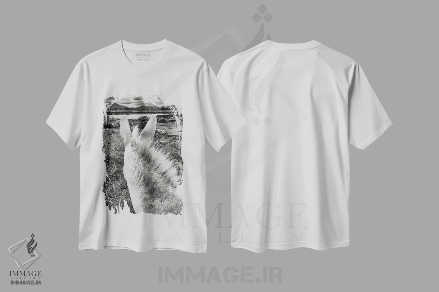 تیشرت سفید طرح دار الاغ ایرلندی، عکاسی سیاه و سفید اثر استیفن هاجتس | فروشگاه ایماژ