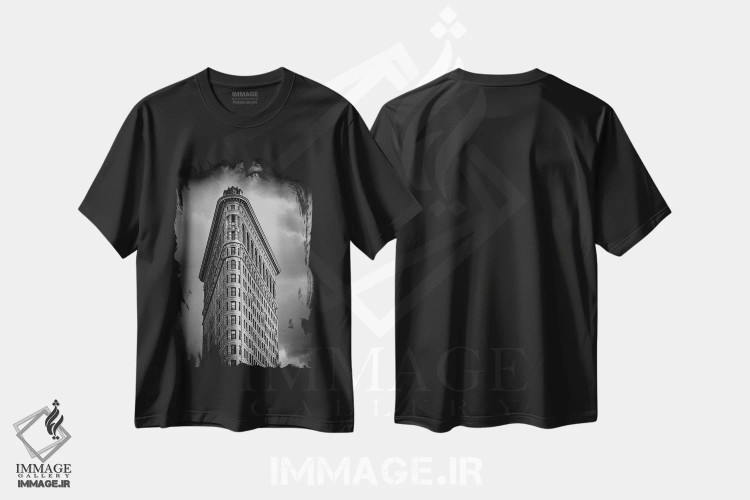 تیشرت مشکی طرح دار ساختمان فلت آیرون نیویورک، عکاسی سیاه و سفید اثر استیفن هاجتس | immage.ir