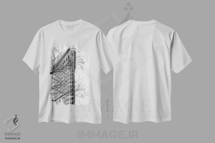 تیشرت سفید طرح دار ساختمان فلت آیرون در میان درختان نیویورک، عکاسی سیاه و سفید اثر استیفن هاجتس | immage.ir