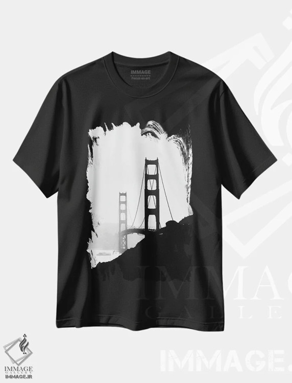 تیشرت مشکی طرح دار پل گلدن گیت، عکاسی سیاه و سفید اثر استیفن هاجتس | فروشگاه ایماژ
