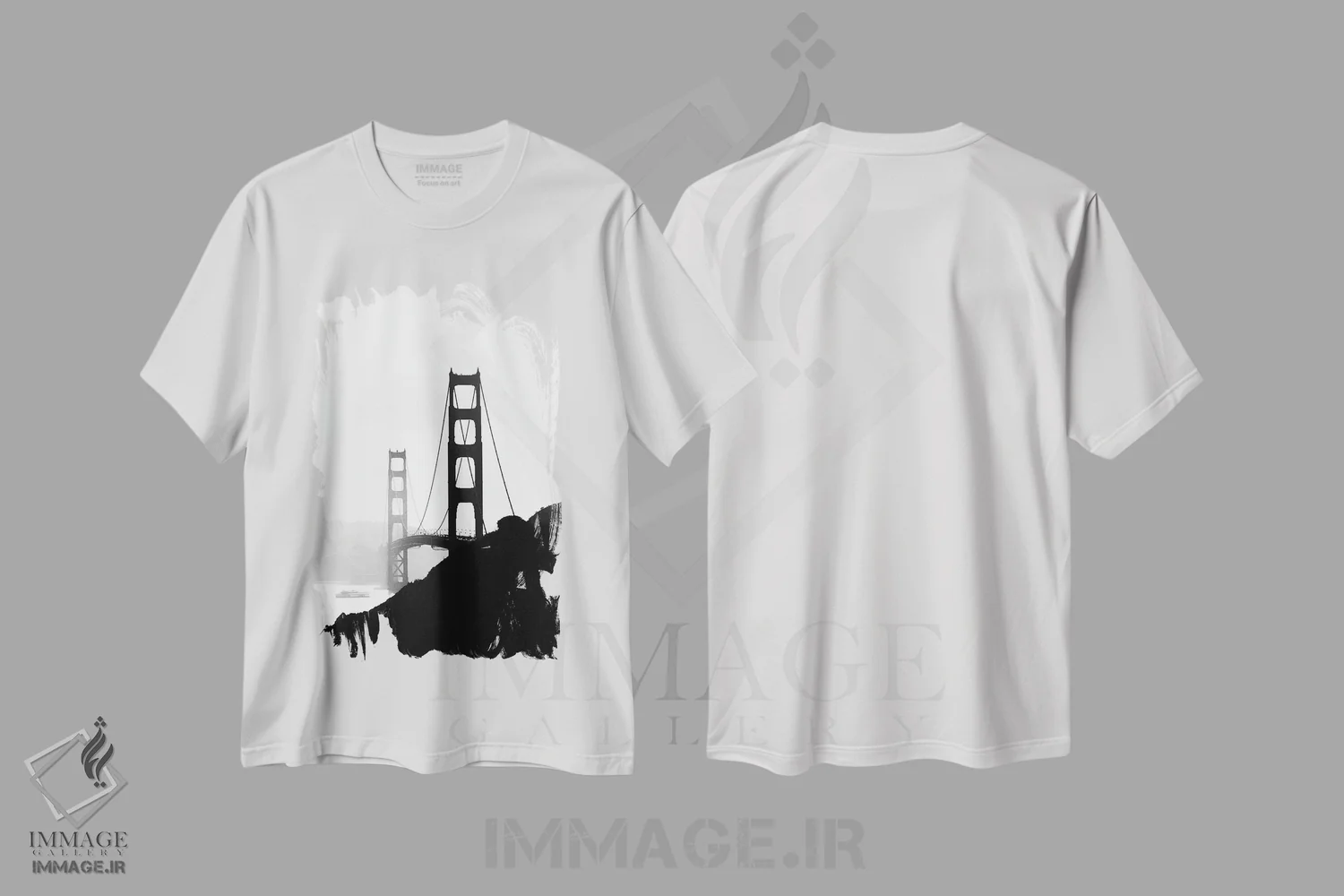 تیشرت سفید طرح دار پل گلدن گیت، عکاسی سیاه و سفید اثر استیفن هاجتس | immage.ir