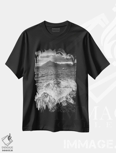 تیشرت مشکی طرح دار برخورد موج در الگول، جزیره اسکای، عکاسی سیاه و سفید اثر استیفن هاجتس | فروشگاه ایماژ