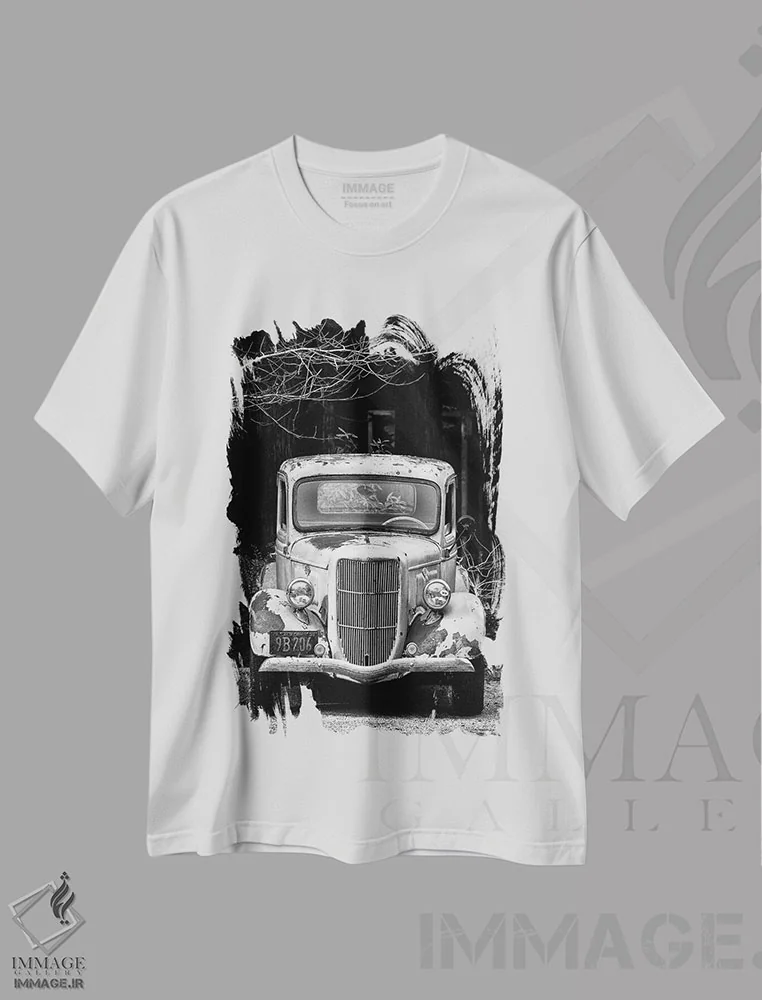 تیشرت سفید طرح دار فورد کلاسیک، عکاسی سیاه و سفید اثر استیفن هاجتس | فروشگاه ایماژ